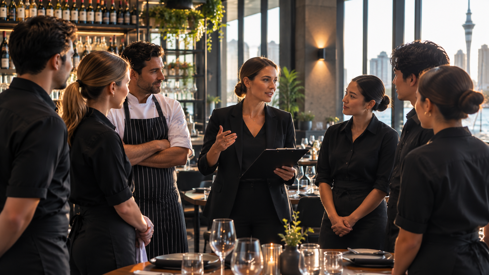 Duty manager briefing a hospitality team before service